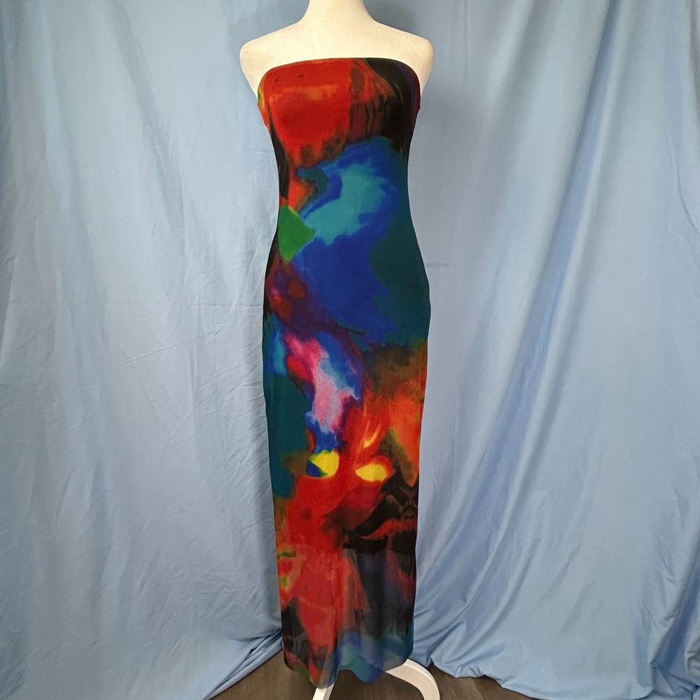 Commense Tube Midi Dress Womens Small Multicolor Tulle Printed Mesh Strapless